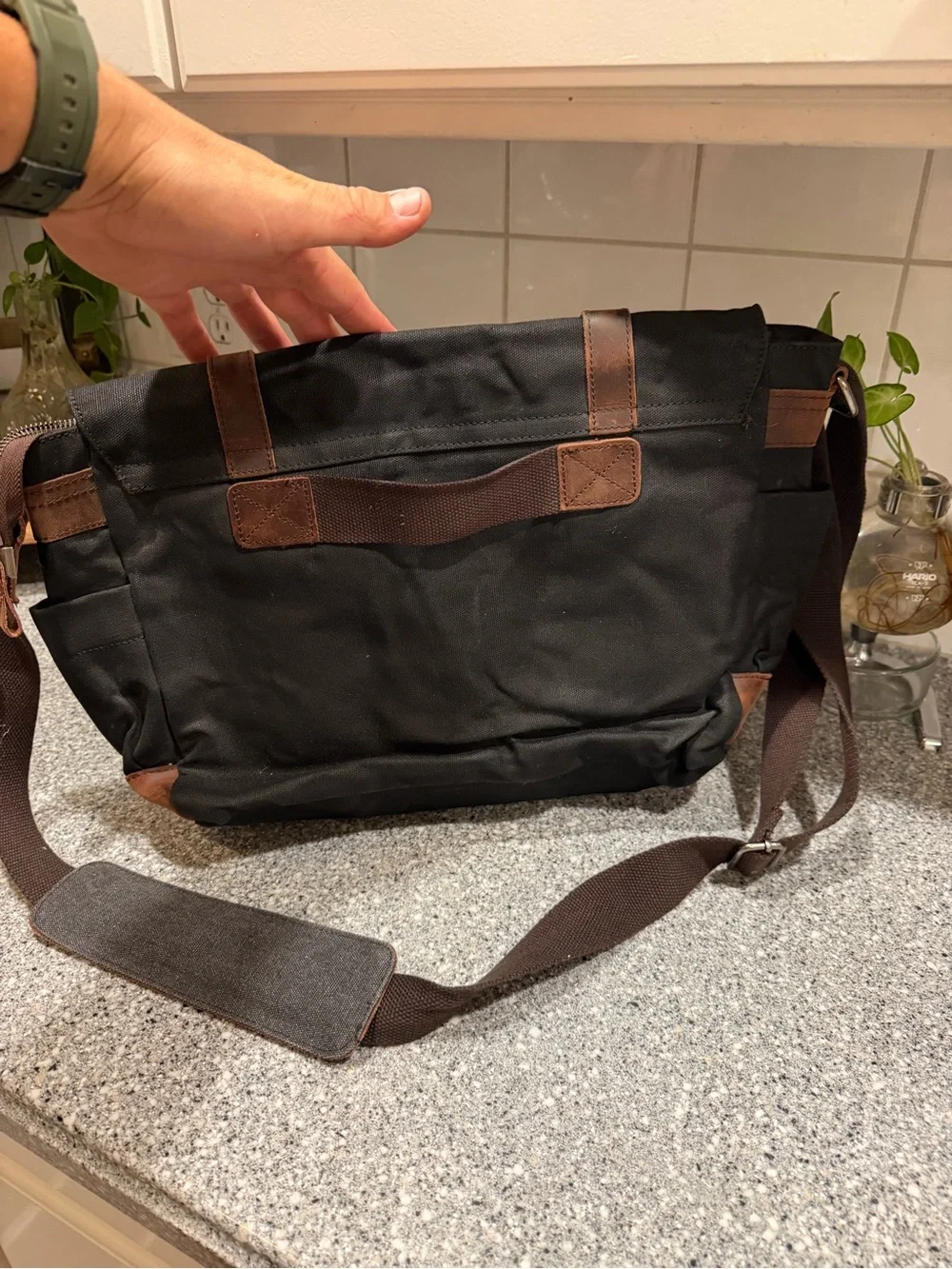 Men's Black Waxed Canvas Messenger Bag with Brown Leather Trim